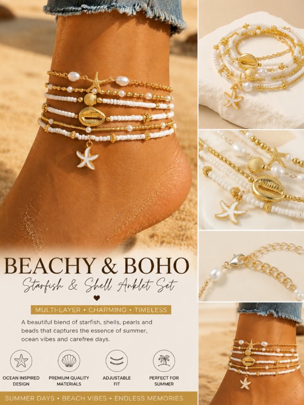 Gold Starfish Shell Pearl Multi Layer Anklet Set Boho Beach Vacation Coastal